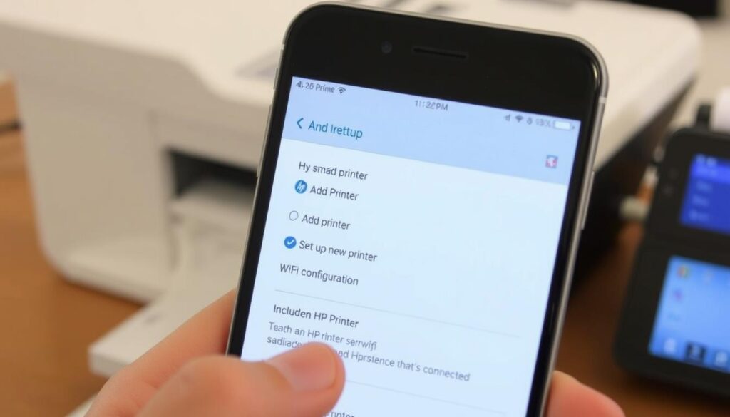 Aplikacja HP Smart na smartfonie podczas konfiguracji połączenia drukarki z WiFi