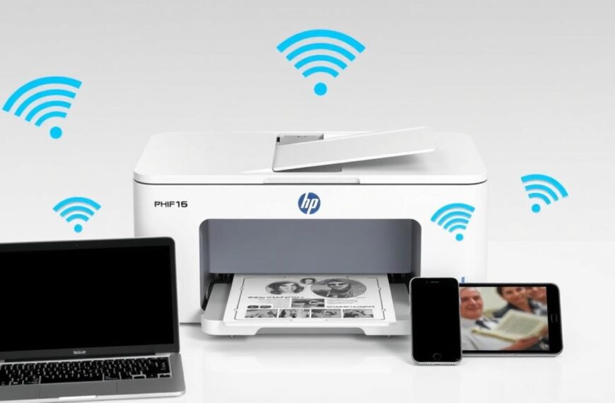 Drukarka HP podłączona do sieci WiFi z wieloma urządzeniami korzystającymi z niej bezprzewodowo