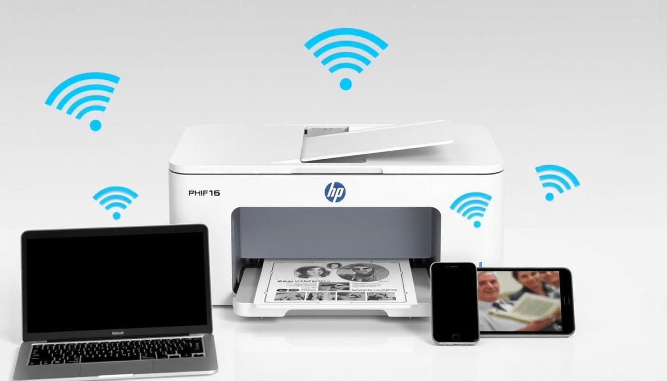 Drukarka HP podłączona do sieci WiFi z wieloma urządzeniami korzystającymi z niej bezprzewodowo