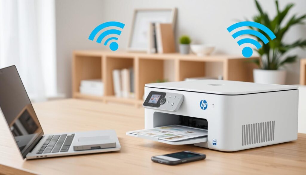 Drukarka HP połączona z WiFi w nowoczesnym środowisku domowym lub biurowym