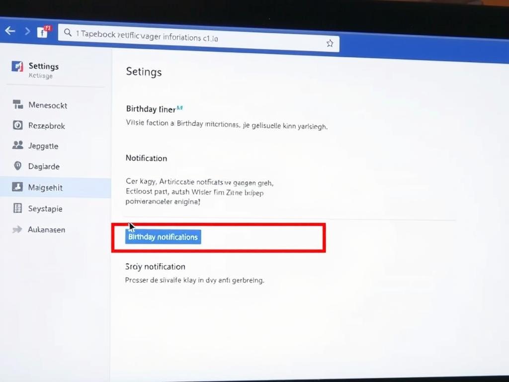 Ekran komputera pokazujący menu ustawień Facebooka z zaznaczoną sekcją powiadomień o urodzinach