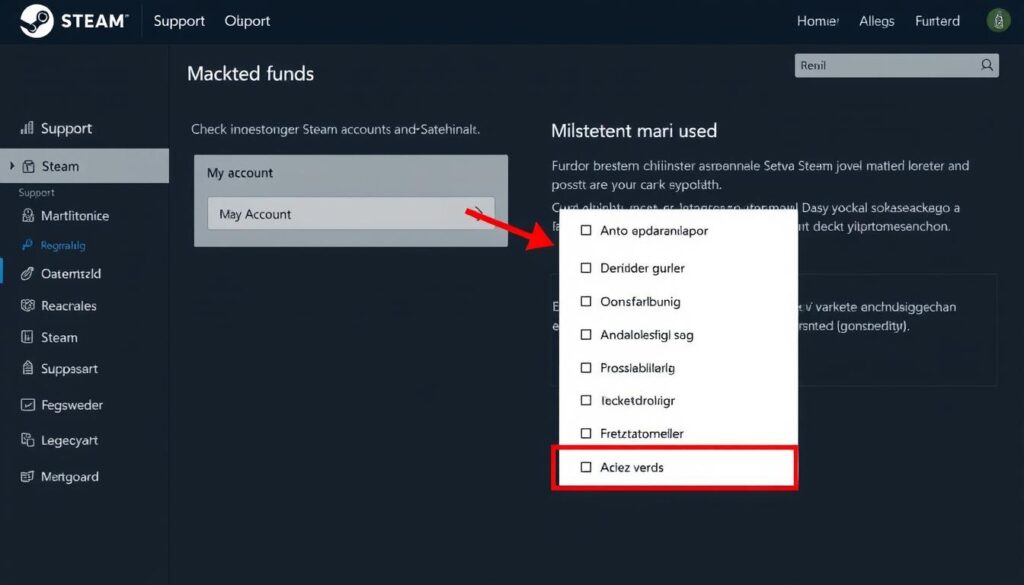 Ekran sekcji Pomocy technicznej Steam z zaznaczoną opcją sprawdzania wydatków
