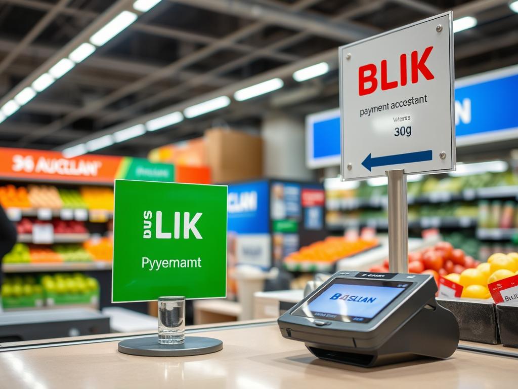 Kasa w Auchan z oznaczeniem akceptacji płatności BLIK gdzie można płacić BLIKiem