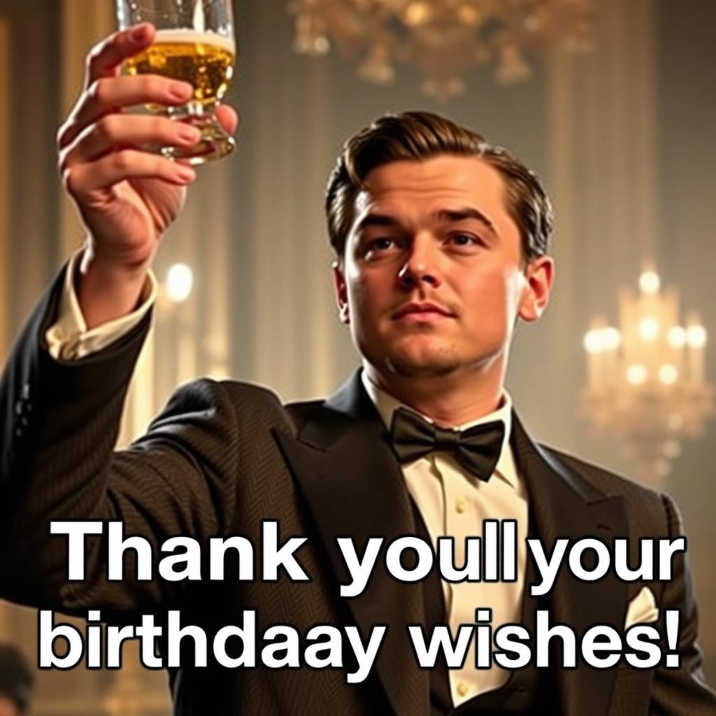 Mem z podziękowaniem za życzenia urodzinowe z postacią z filmu