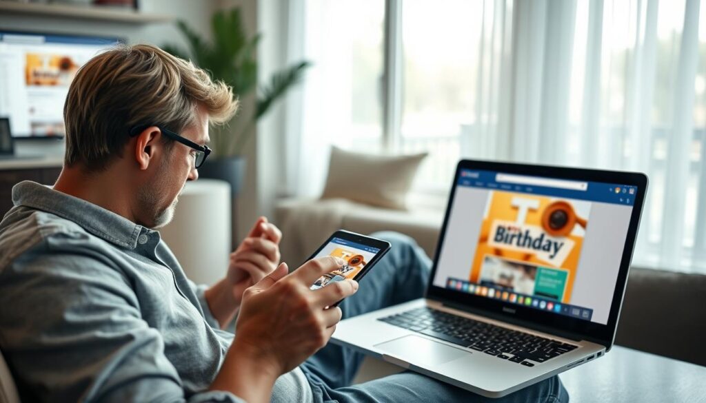 Osoba dziękująca za życzenia urodzinowe na różnych urządzeniach