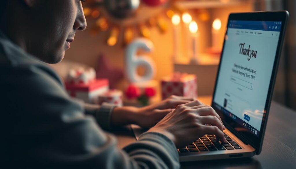 Osoba pisząca dłuższe podziękowanie za życzenia urodzinowe na Facebooku