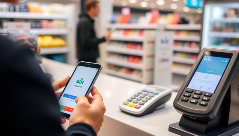Osoba płacąca BLIKiem w sklepie za pomocą smartfona gdzie można płacić BLIKiem
