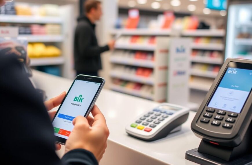 Osoba płacąca BLIKiem w sklepie za pomocą smartfona gdzie można płacić BLIKiem