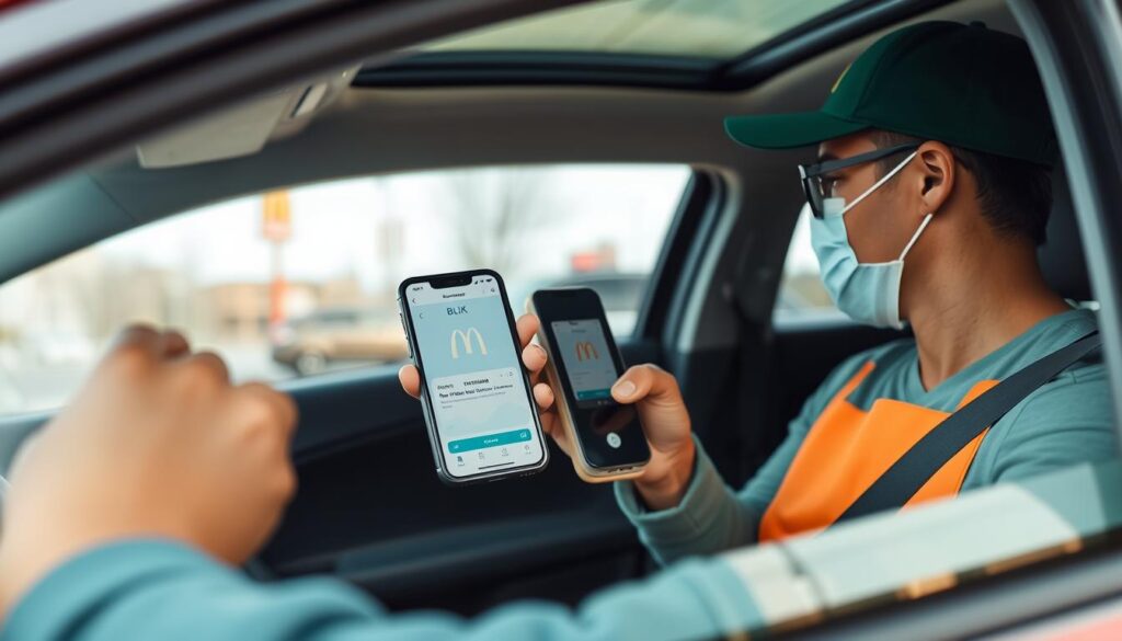 Płatność BLIK w McDrive - osoba płacąca telefonem przez okienko