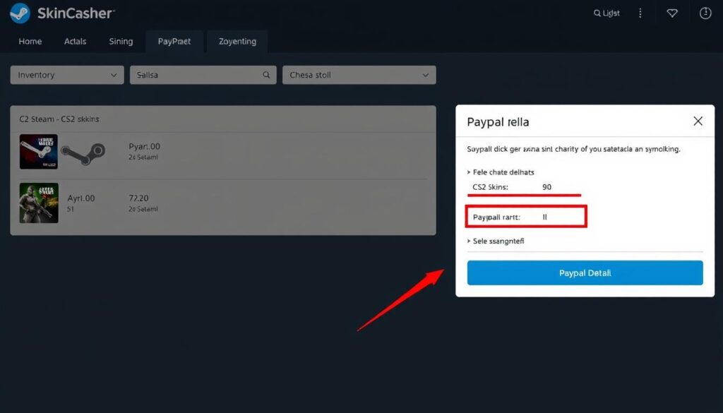 Proces wypłaty pieniędzy ze Steam na PayPal przez serwis SkinCashier pokazujący jak wypłacić pieniądze ze steam na konto