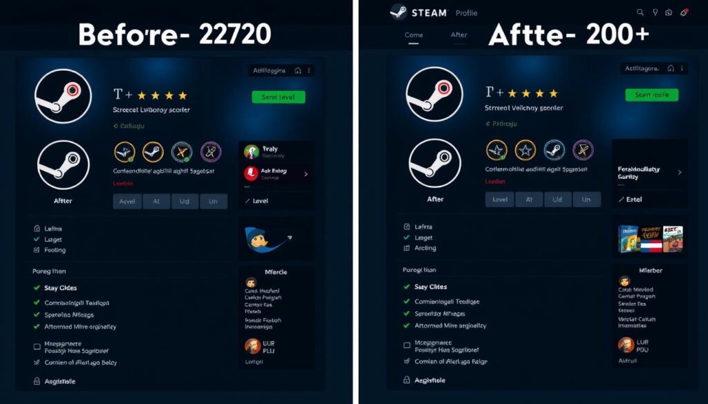 Profil Steam przed i po zastosowaniu metod podnoszenia poziomu jak wbić lvl steam za free