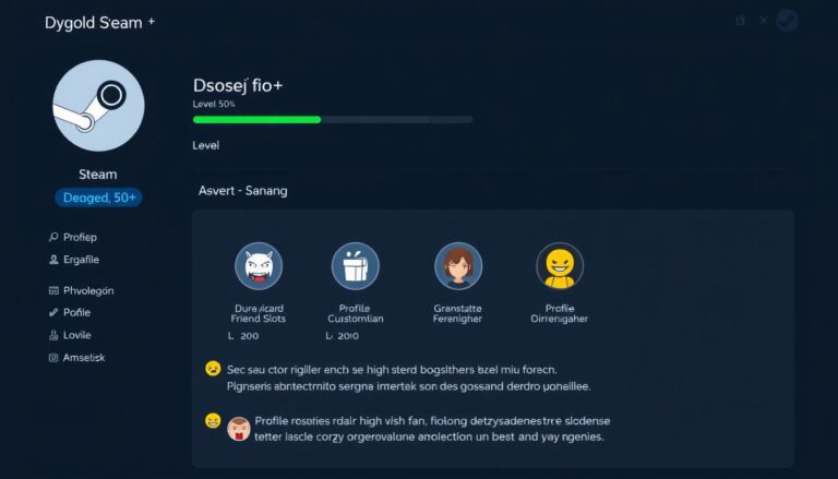 Profil Steam z wysokim poziomem pokazujący dostępne korzyści jak wbić lvl steam za free