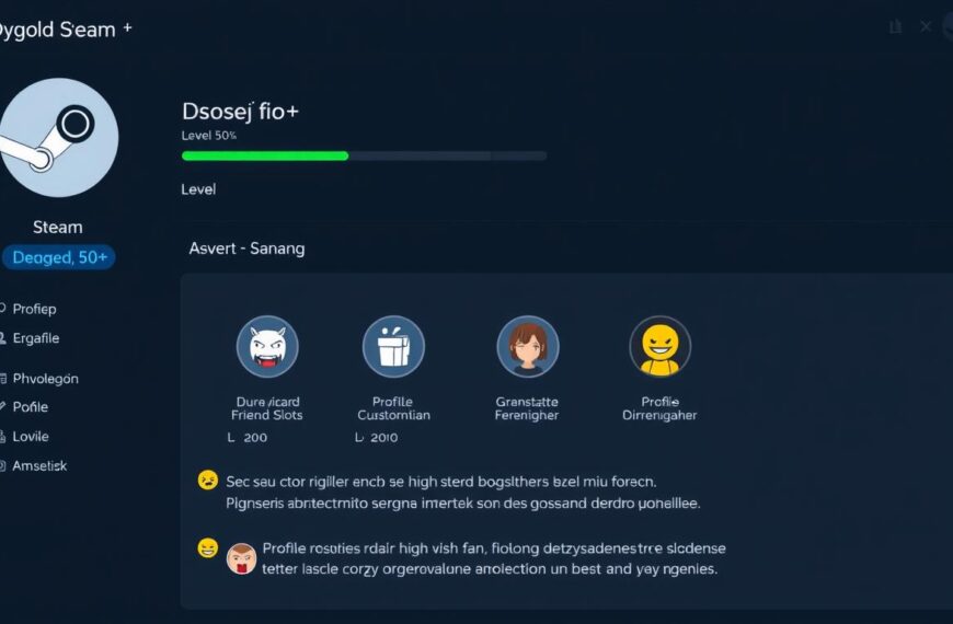 Profil Steam z wysokim poziomem pokazujący dostępne korzyści jak wbić lvl steam za free