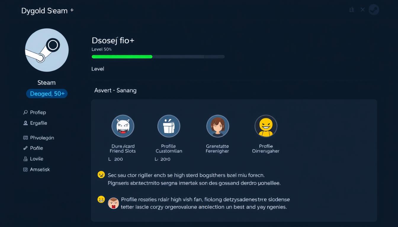 Profil Steam z wysokim poziomem pokazujący dostępne korzyści jak wbić lvl steam za free