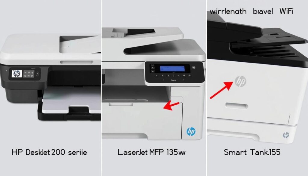 Różne modele drukarek HP: DeskJet, LaserJet i Smart Tank z oznaczonymi przyciskami WiFi