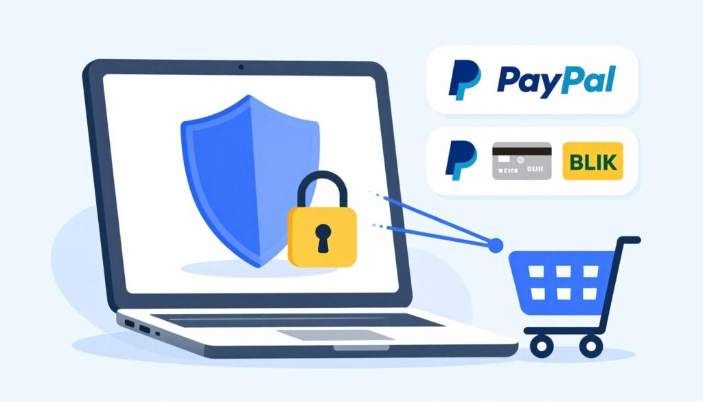 Bezpieczne zakupy online - ilustracja przedstawiająca zabezpieczone połączenie i bezpieczne płatności