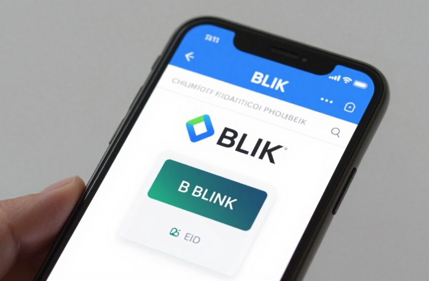Logo BLIK na tle smartfona z otwartą aplikacją bankową pokazującą kod BLIK