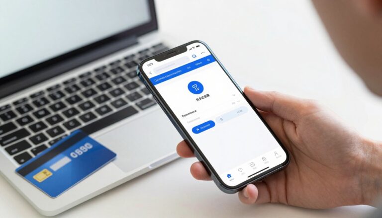 Osoba doładowująca telefon przez internet za pomocą laptopa i karty płatniczej