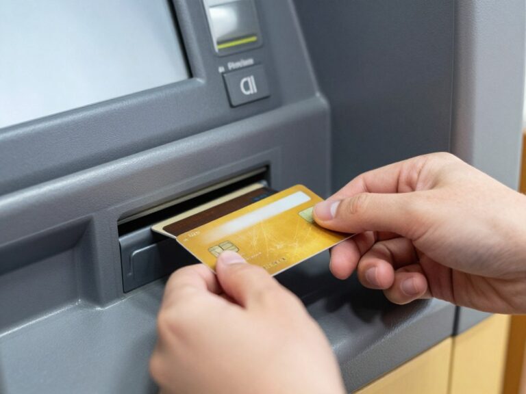 Osoba wkładająca kartę do bankomatu - jak wypłacić z bankomatu