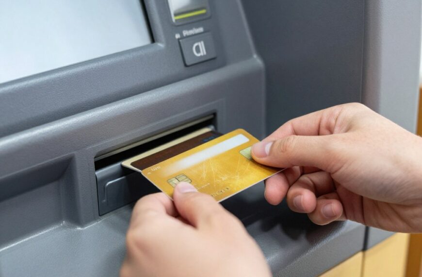 Osoba wkładająca kartę do bankomatu - jak wypłacić z bankomatu