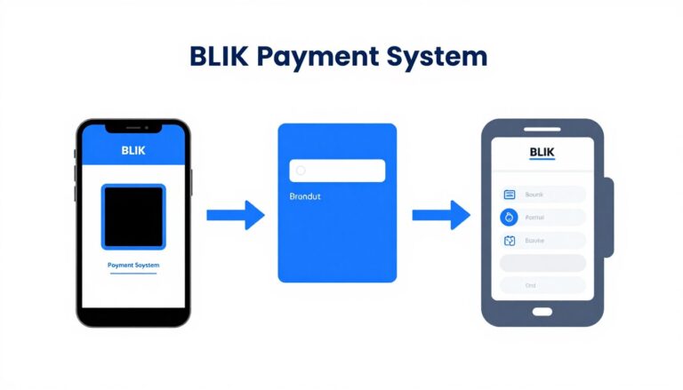 Schemat działania systemu płatności BLIK pokazujący przepływ transakcji między telefonem, bankiem i terminalem