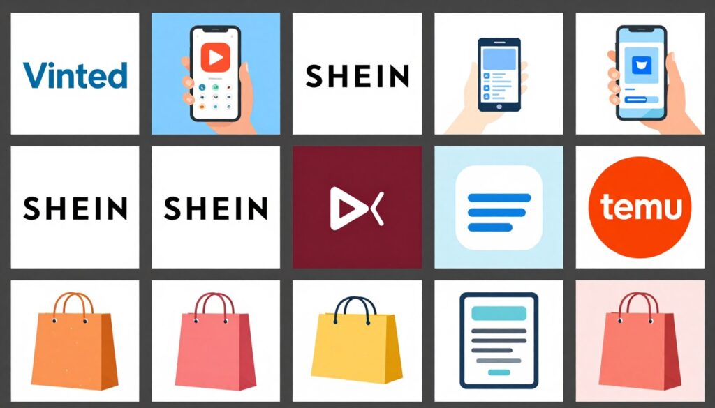 Zakupy na popularnych marketplace'ach - Vinted, Shein, Temu i AliExpress - loga platform